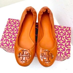 Tory Burch patent orange tangerine Reva flats